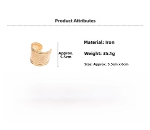 Detailed view of golden iron cuff bracelet with hammered texture and dimensions