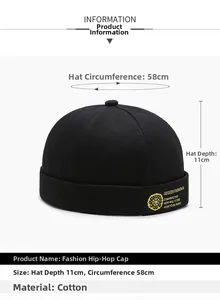 Detail of a black cotton docker hat showing the 11cm depth and 58cm circumference specs