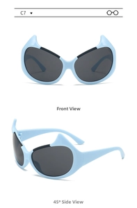 Front and side angles of light blue devil-style sunglasses with dark grey lenses
