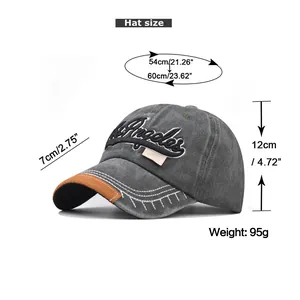 Size chart showing head circumference, brim, and height for the washed cotton baseball cap