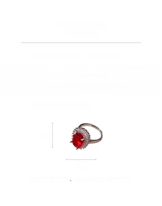 Detailed view of oval red zircon ring with dimensions and technical specifications