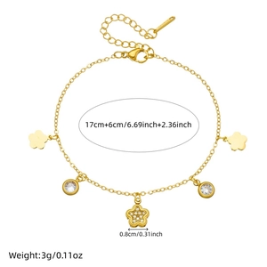 Gold-plated stainless steel chain bracelet with floral and round diamond heart charms