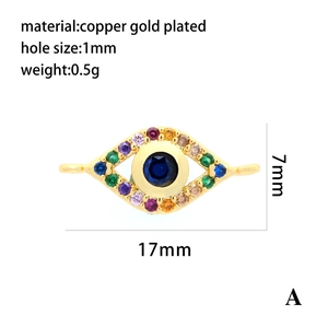 Macro view of gold-plated evil eye charm with colorful stones and 17mm size specifications