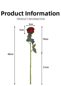 Detailed size chart of a 40cm artificial red rose with 5cm flower head dimensions