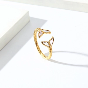 Elegant gold titanium steel fishtail shell open ring with iridescent pearl inlay