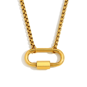 Minimalist 18K gold plated stainless steel necklace with oval clasp pendant on white background