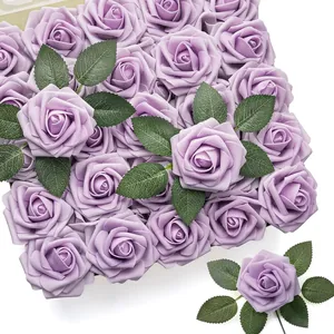 Detail of lavender PE foam roses with green textured leaves in a bulk packaging box