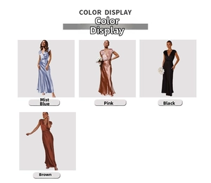 Satin V-neck fishtail evening dresses in blue, pink, black, and brown silk fabrics