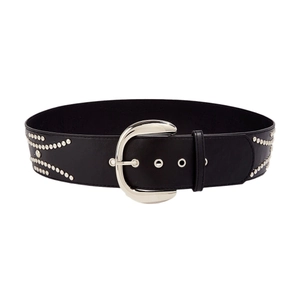 Retro punk style black PU leather belt with silver hollow rivets and oversized buckle