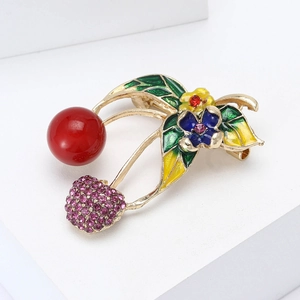 Exquisite cherry brooch with red pearl and pink crystal rhinestones in gold finish