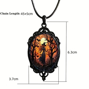 Detailed dimensions of the gothic crow witch pendant with chain length and pendant size