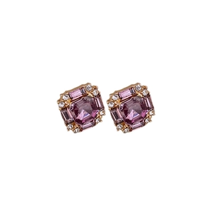 Elegant square purple gemstone stud earrings with white diamond halo and gold finish