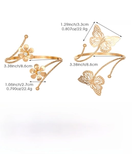 Detailed dimensions and weight of gold butterfly and daisy hollow out metal arm cuffs