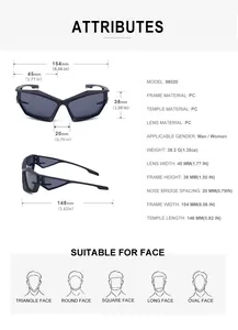 Size chart showing PC frame dimensions and weight for Y2K futuristic wrap sunglasses