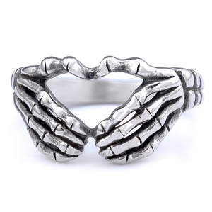 Retro stainless steel biker ring featuring a gothic silver skull hand heart design