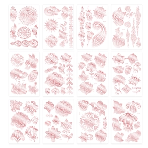 Detailed grid showing twelve rose gold mandala lace henna temporary tattoo designs