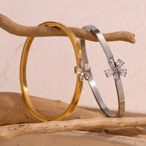 18K gold and silver plated stainless steel flower bracelets with white cubic zirconia