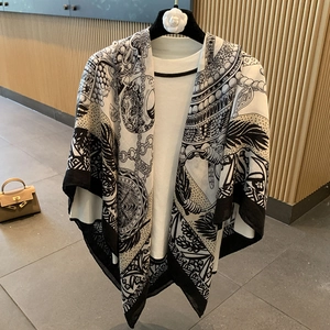 Vintage Baroque Chain Print Large Square Scarf For Women Cotton Linen Elegant Shawl Wrap Black White