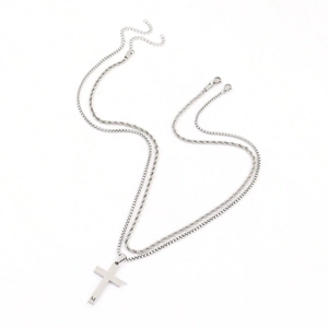 Silver layered stainless steel necklace with cross pendant and letter M engraving