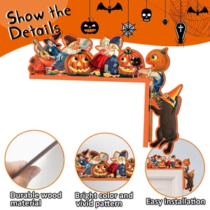 Detail of vintage Halloween wood door corner decor with retro witch and pumpkin illustrations