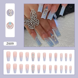 Long ballet gradient press-on nails with blue-pink hills pattern and heart rhinestones