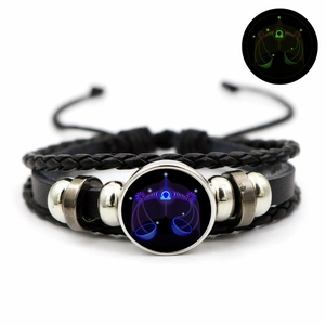 Luminous Libra zodiac bracelet with woven multilayer leather and glowing glass dome charm