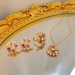 Luxurious gold-plated sunflower jewelry set with colorful marquise-cut zircon stones