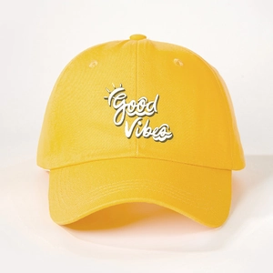 Vibrant yellow baseball cap with Good Vibes embroidery and sun rays, adjustable cotton hat