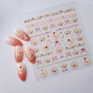 3D embossed floral nail stickers featuring pink flowers, strawberries and bows for manicure