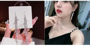 Detailed view of S925 silver needle long tassel earrings with white crystal inlay and pearls