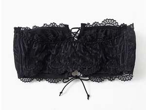 Detailed view of black floral lace strapless bandeau bra with adjustable back lace-up