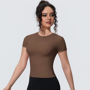 Slim fit dark brown yoga t-shirt for women featuring breathable high elastic sports fabric