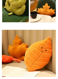 Cartoon leaf-shaped plush pillows in green and orange shown in various home settings