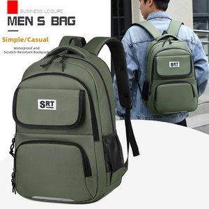 Detail of army green waterproof business backpack with side mesh pockets and buckles