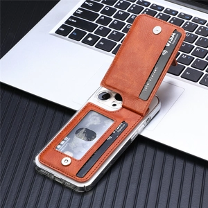 Detail of brown leather phone wallet case with card slots and metal buckle closure