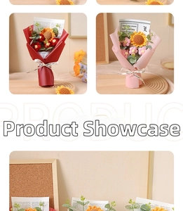 Detailed view of handmade crochet sunflower bouquet with ribbon and gift card packaging