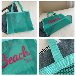 Detail shots of teal mesh beach tote bag featuring red Beach Vibes lettering and denim accents