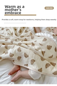 Detail of soft cotton baby blanket with bear pattern on a cozy gauze texture