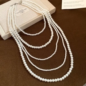 Elegant Multi Layer Artificial Pearl Necklace For Women Vintage French Hepburn Style White Glass Artificial Pearl Long Sweater Chain Jewelry