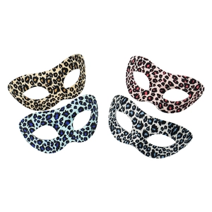 Set of four colorful leopard print party masks in yellow, pink, blue, and grey patterns