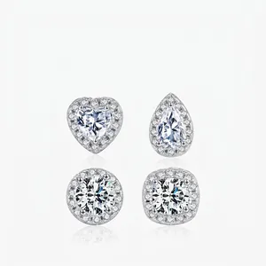 D Color Moissanite 925 Sterling Silver Halo Stud Earrings For Women Heart Pear Round Shaped Moissanite Jewelry Anniversary