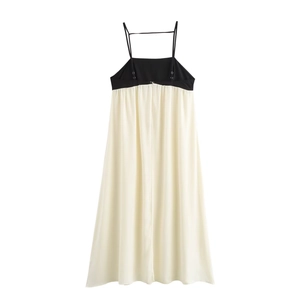 Women's sexy backless color-block maxi dress with black bodice and beige skirt