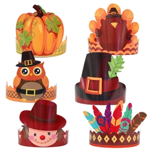 Thanksgiving party paper crowns for kids with turkey and pumpkin designs set of six