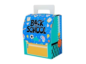 Boîte cadeau en papier bleu en forme de sac à dos avec lettrage Back to School