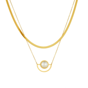 Minimalist double-layered gold stainless steel necklace with faux pearl and fan pendant