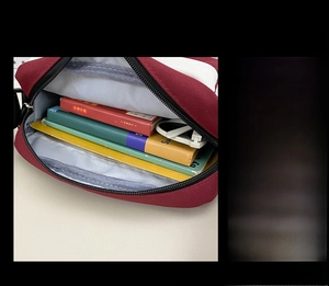 Detailed view of the red and white striped crossbody bag interior storage capacity