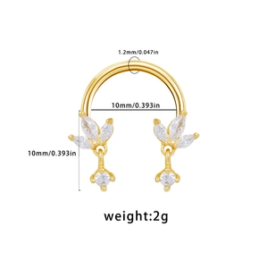 Detail of gold horseshoe nose ring with white zircon leaf and dimensions 1.2x10mm