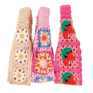 Ethnic knit crochet headbands set with floral daisy and cherry patterns for women