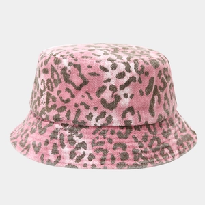 Pink leopard print bucket hat for women with vintage washed twill cotton texture