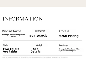 Detailed specifications of the vintage acrylic magazine rack made of iron and acrylic